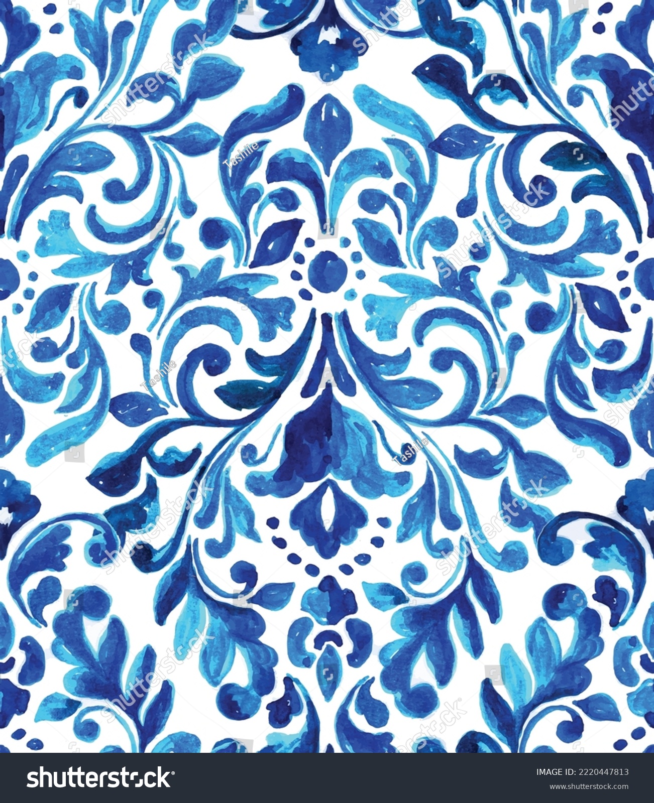  Seamless vintage ornamental watercolor paint pattern for fabric and ceramic tile. Indigo Portuguese abstract filigree background. Classic Blue damask, hand drawn floral design. #2220447813