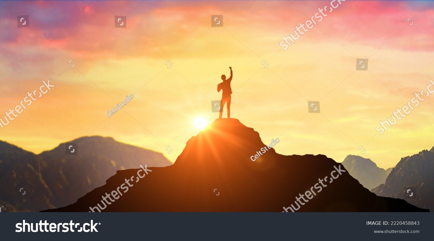 Success Business Leadership, Winner on top. Success. Silhouette man at peak of mountains. Panoramic view on mountains hills Successfully achieving your goal. Successful person has achieving new peak #2220458843