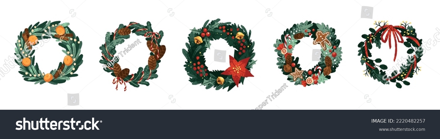 Christmas door wreath designs set. Fir branch circles with Xmas decor, ornaments, ribbon, baubles, flower, food for winter holiday decoration. Flat vector illustrations isolated on white background #2220482257