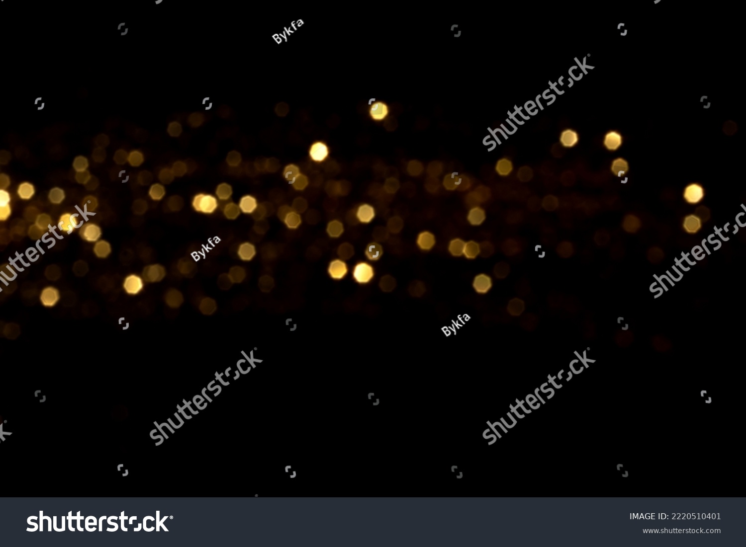 Golden blurred bokeh lights on black background. Glitter sparkle stars for celebrate. Overlay for your design #2220510401