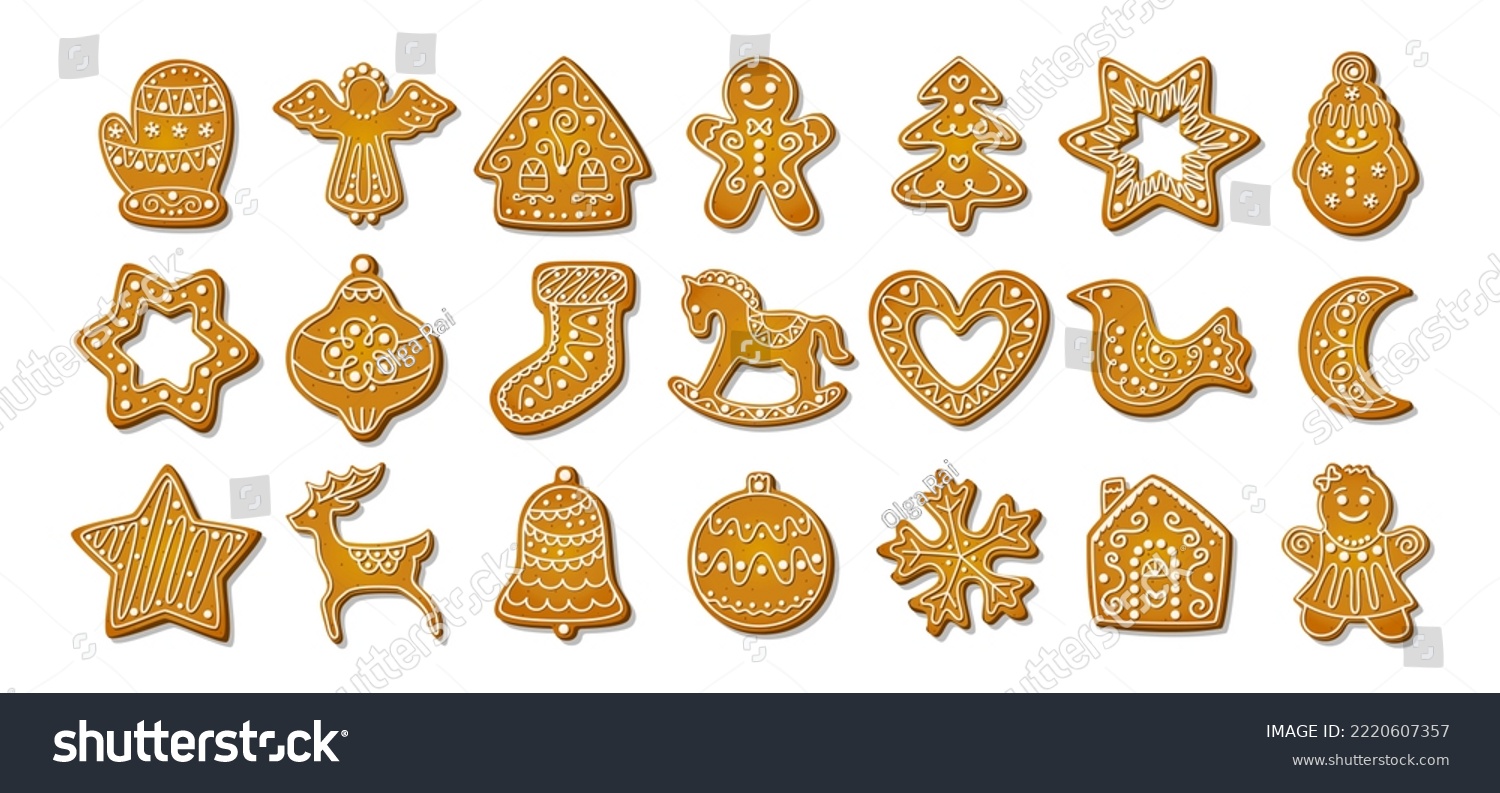 Christmas Gingerbread Cookie. Set of winter sweet homemade biscuits in the form of different characters and holiday items isolated on white background. Cute Cartoon vector illustration #2220607357