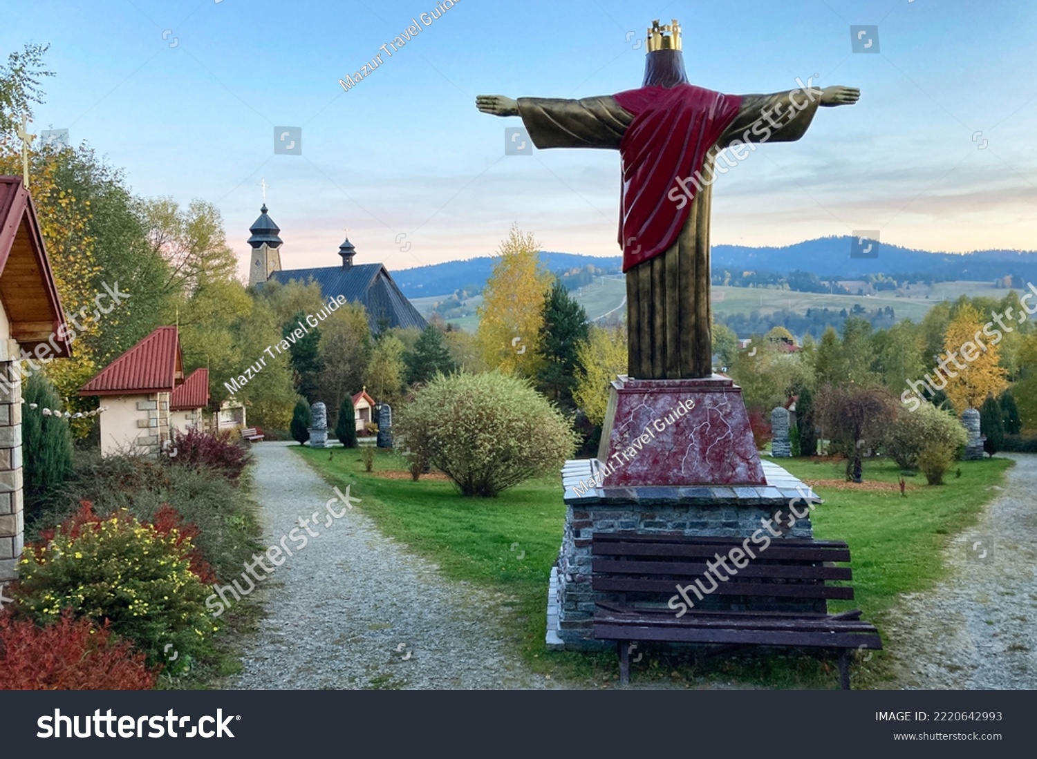 Symbolic Golgotha mountain in Tylicz town, Malopolska Voivodeships of Poland. Church of the Holy. Ap. Peter and Paul in Tylich town, Lesser Poland region #2220642993