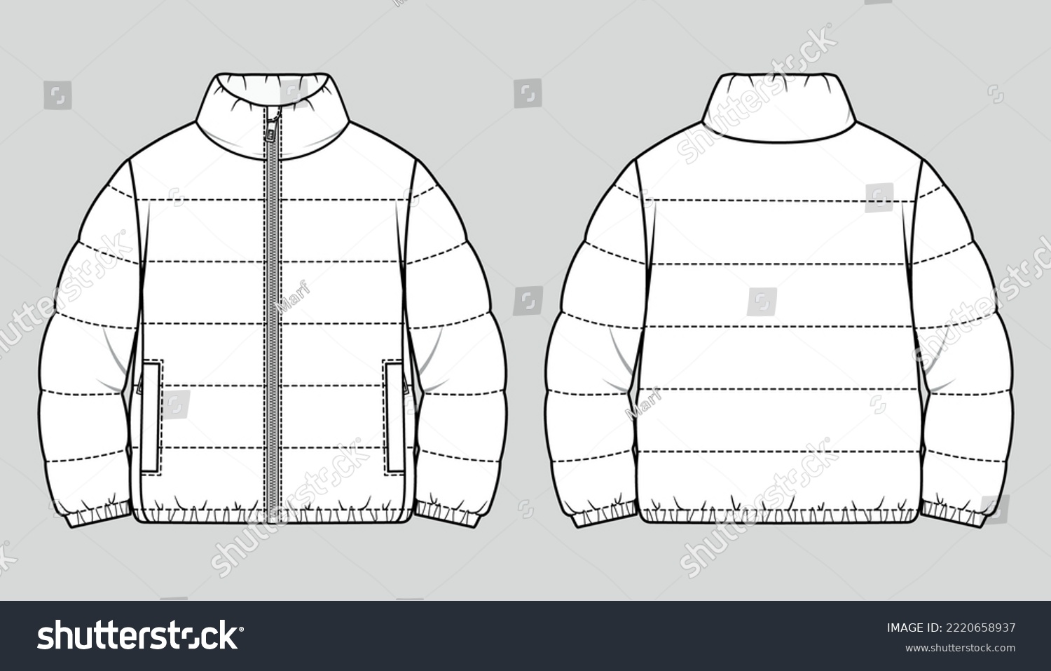 Padded puffer down jacket. Oversized winter quilting coat. Vector technical sketch. Mockup template. #2220658937