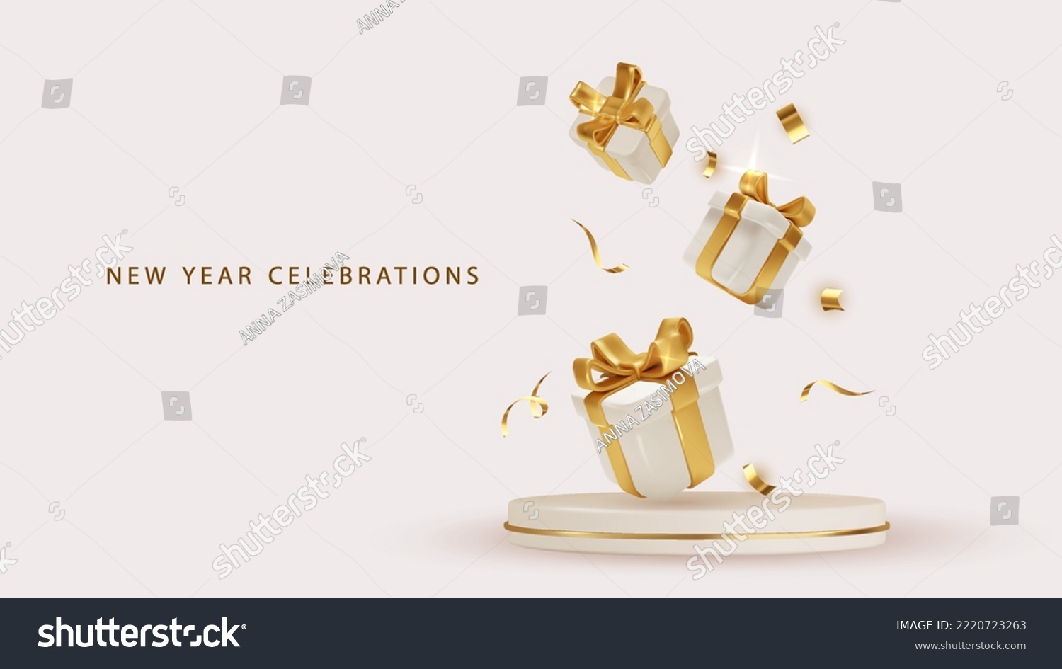 Merry Christmas Product podium scene with 3d realistic white gift boxes with golden bows and holiday decor. Realistic vector holiday concept. Festive banner design. #2220723263