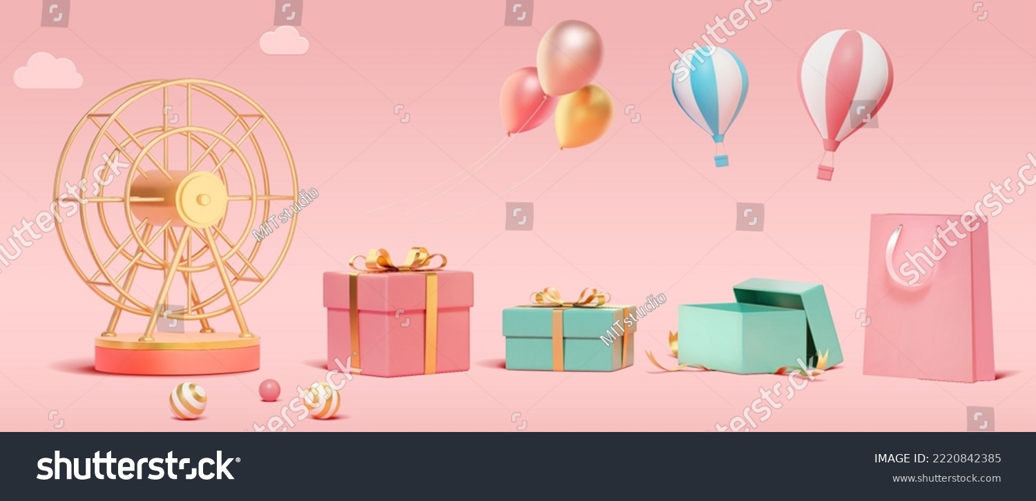 3D rendering Ferris wheel with wrapped giftboxes, unwrapped box, bag and flying balloons isolated on pink background #2220842385