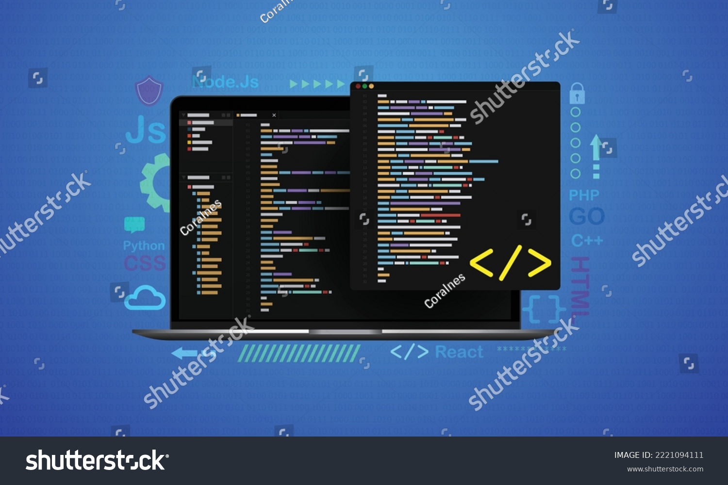 Concept of computer programming or developing software. Laptop computer with code on screen and design elements. Python, CSS, HTML, GO, PHP, React, C++ computer language.  #2221094111