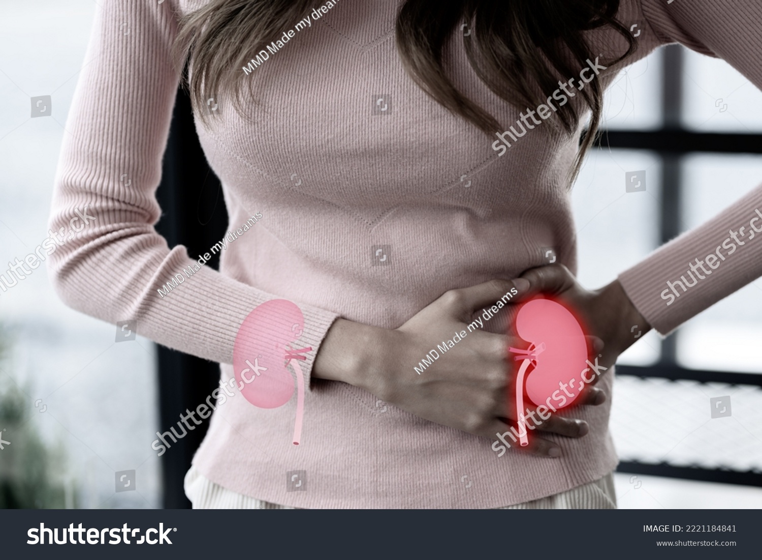 woman suffering stress and her touching on virtual kidney shape, chronic kidney disease, renal failure, dialysis, Healthy feminine concept. #2221184841