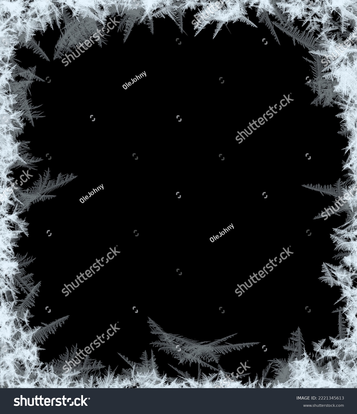 A frame of a frosty pattern  on a black background. A frame with an abstract ice structure allows you to apply or add a frost effect. Frost on the glass, freezing effect #2221345613