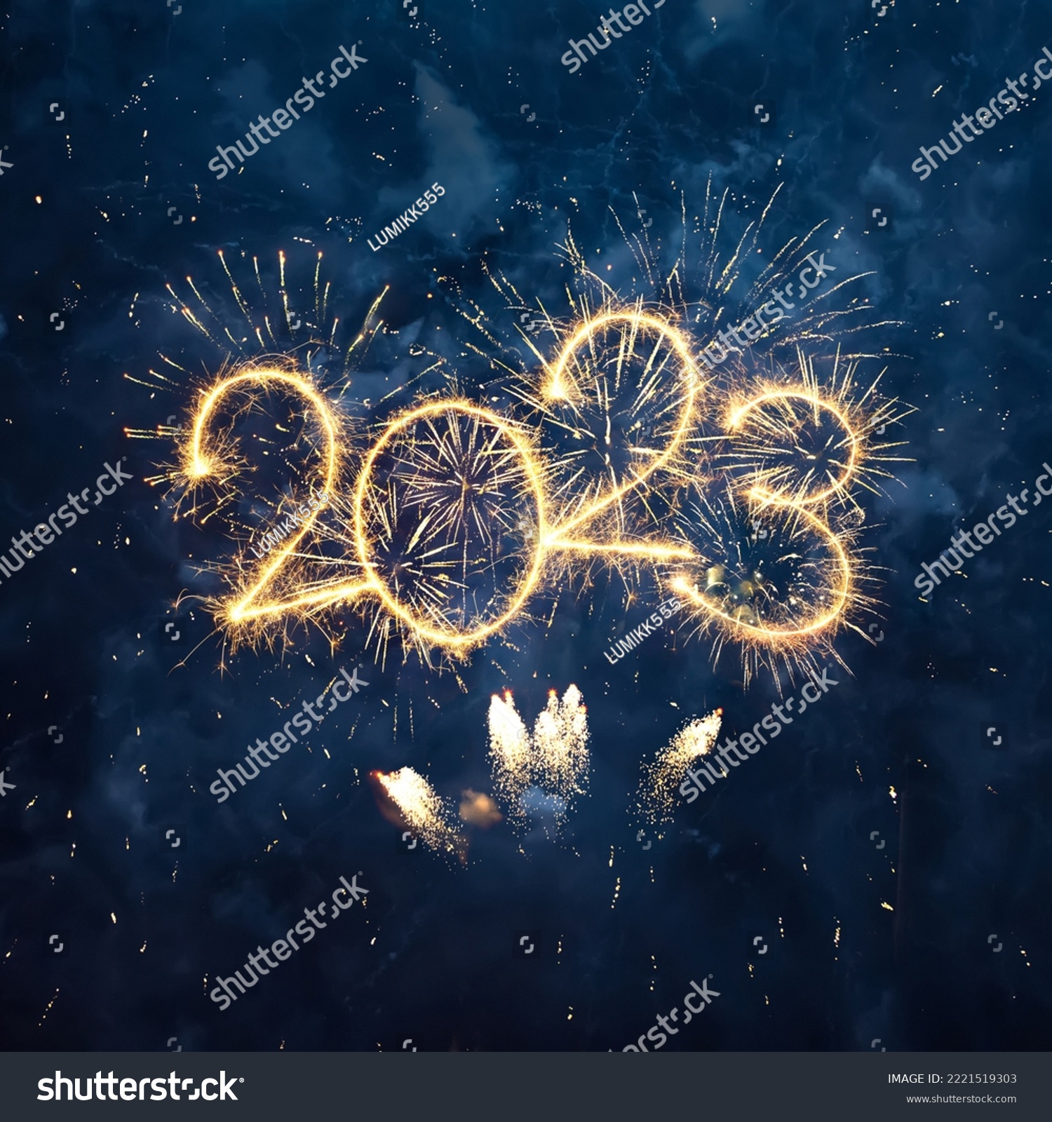 Happy New Year 2023. Beautiful Square creative holiday web banner or flyer with firework and sparkling numeric 2023 Year on night blue sky background #2221519303