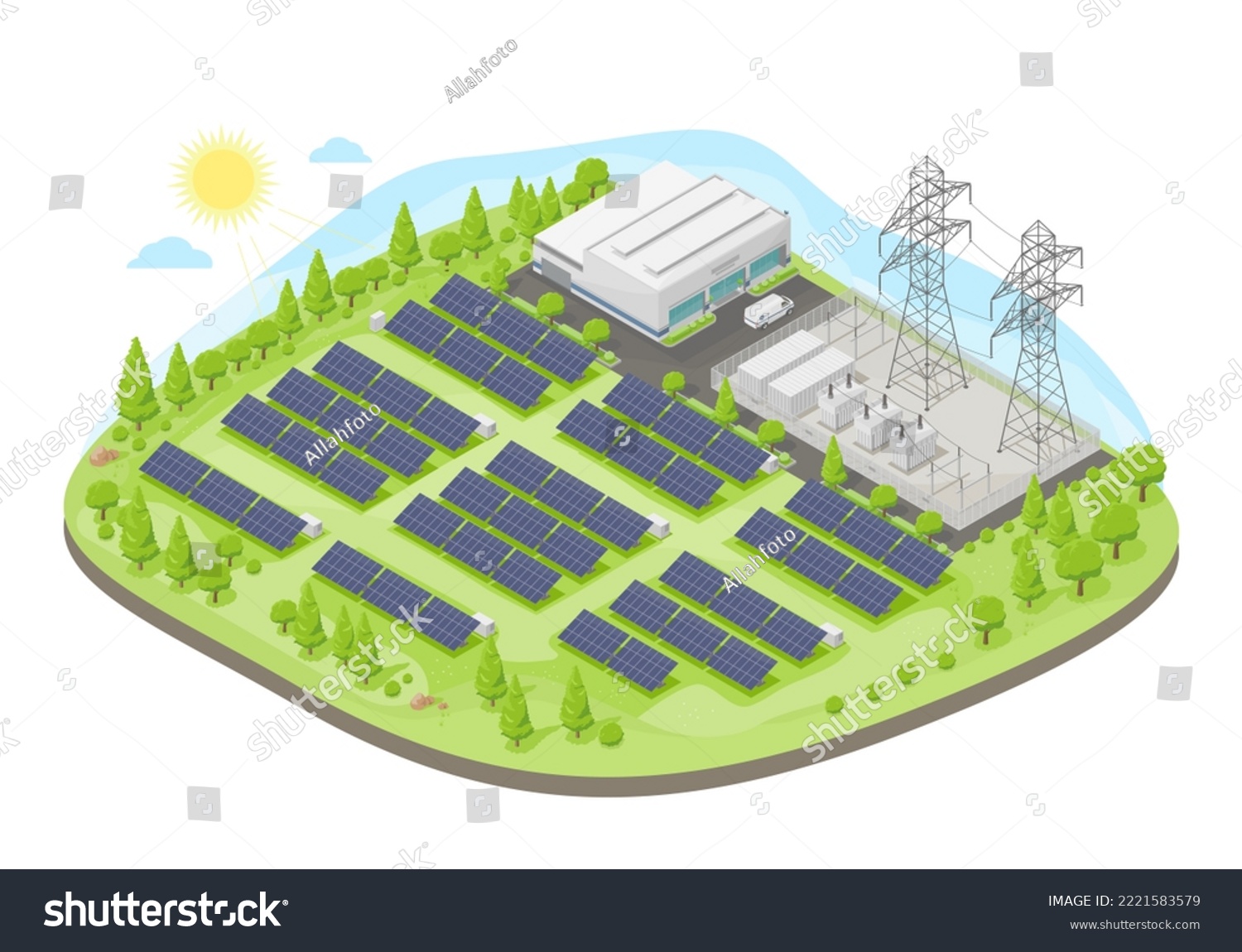 solar farm power plant with solar cell green energy ecology powerhouse concept electricity in nature isometric vector isolated #2221583579