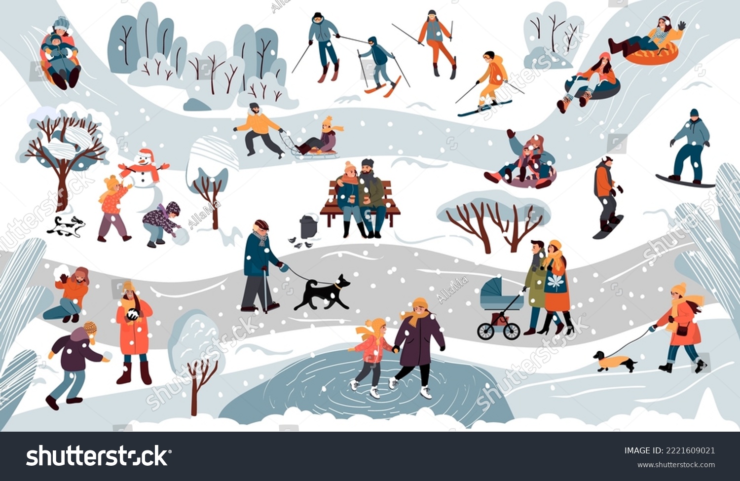 Winter park with a set of people engaged in outdoor activities. Skiing, sledding, snowboarding.Happy characters making a snowman, playing snowballs, walking dogs and others.Vector flat  illustration. #2221609021