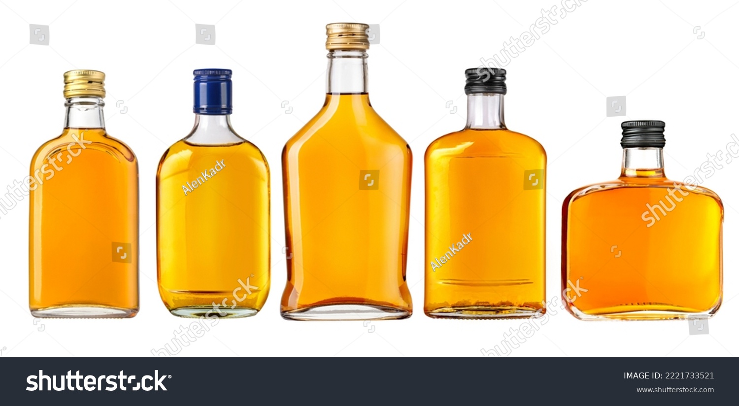 Set of Full small flat bottles of whiskey isolated on white background  #2221733521