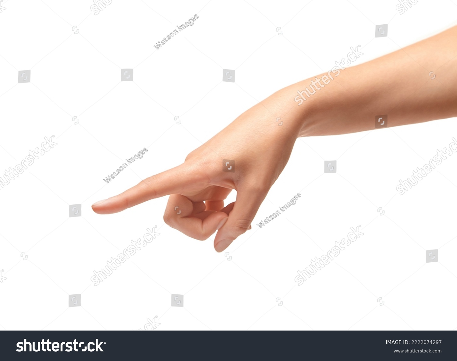 Female hand points a finger isolated on white background. #2222074297