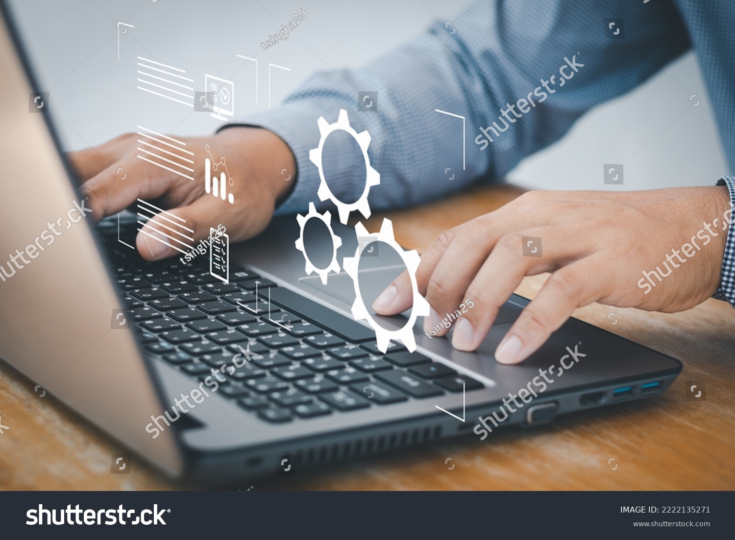 Person working on computer laptop. automation, industrial business process workflow optimisation concept on virtual digital screen. Automation Software Technology Process System Business concept. #2222135271