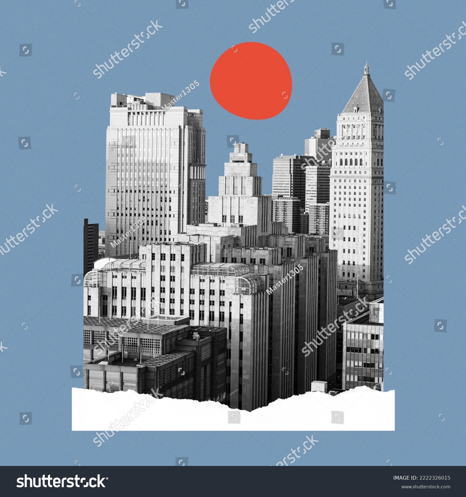 Contemporary artwork. Creative design in retro style. Black and white image of skyscrapers, business buildings in big city. Concept of creativity, surrealism, imagination, futuristic landscape. Poster #2222326015