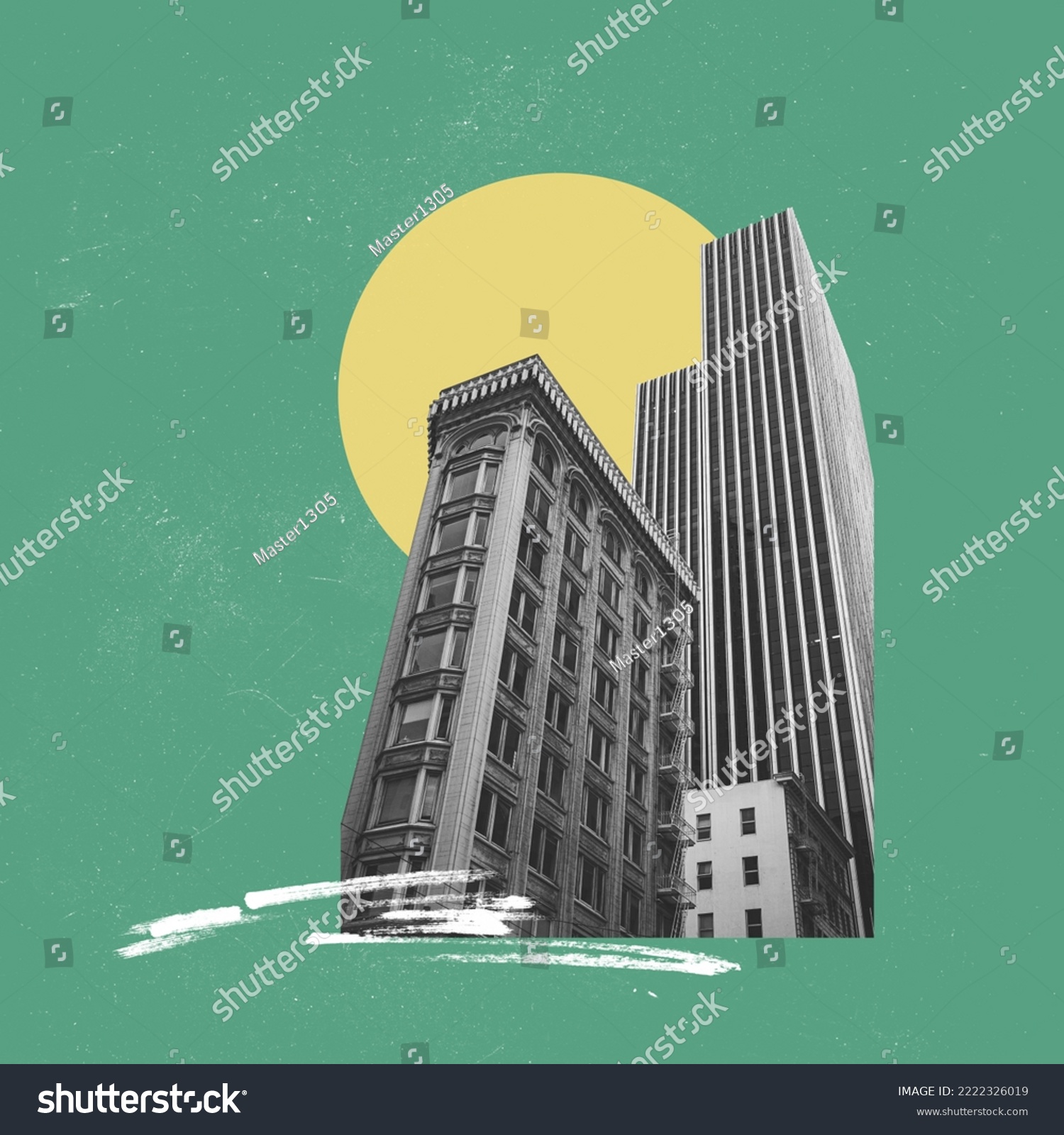 Contemporary artwork. Creative design in retro style. Black and white image of building in big city. Modern and vintage. Concept of creativity, surrealism, imagination, futuristic landscape. Poster #2222326019
