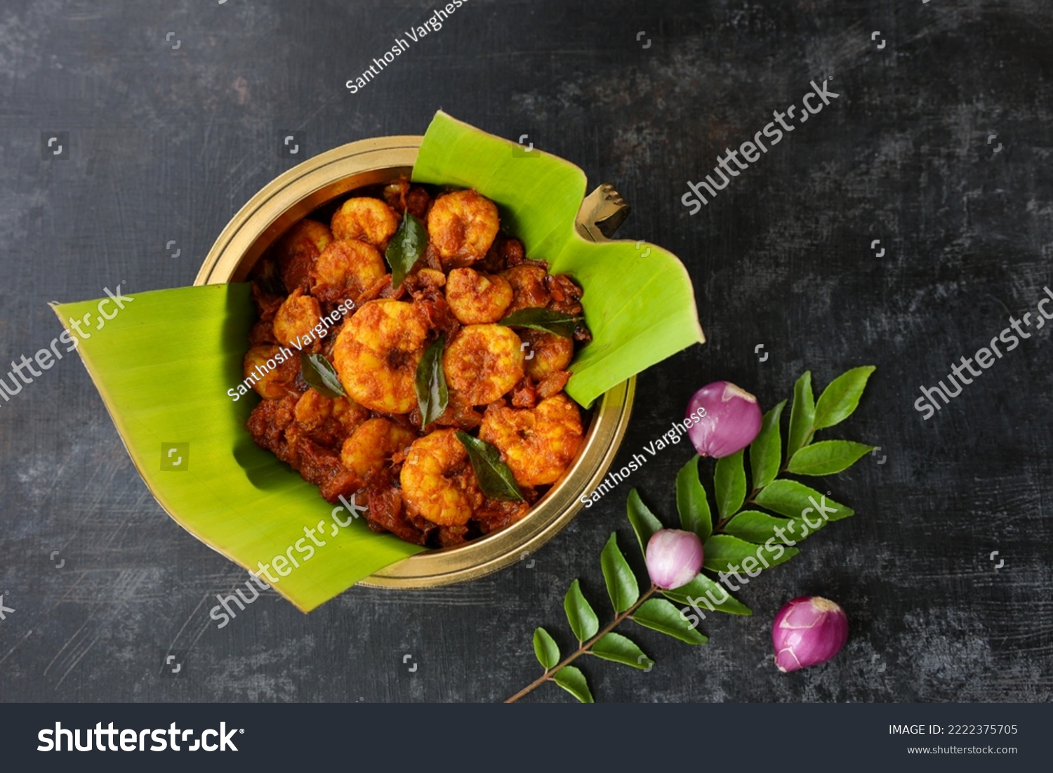 Spicy hot Prawn roast or shrimp fry. Masala fish curry served in with rice. Indian food Asian cuisine. Kerala fish curry also popular in South Indian Bengal Goa. #2222375705