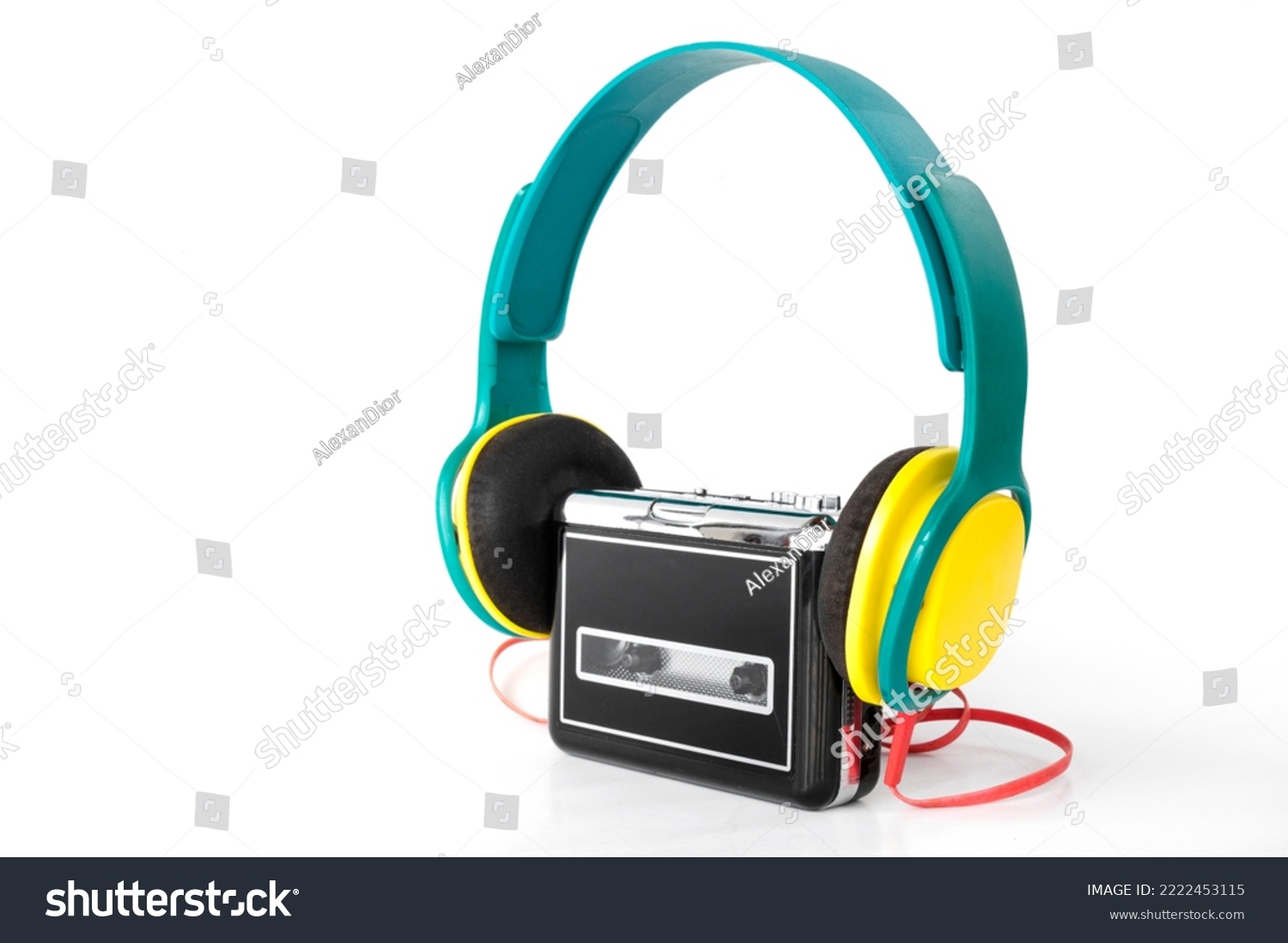 portable cassette walkman from the 90s with headphones, on isolated white background #2222453115