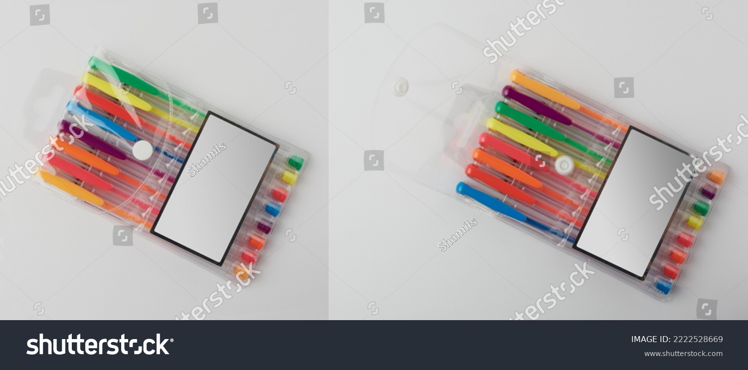 pack of eight colorful pens, set of multicolor ballpoint packet cover with empty label, school and office stationery concept, isolated on gray background #2222528669