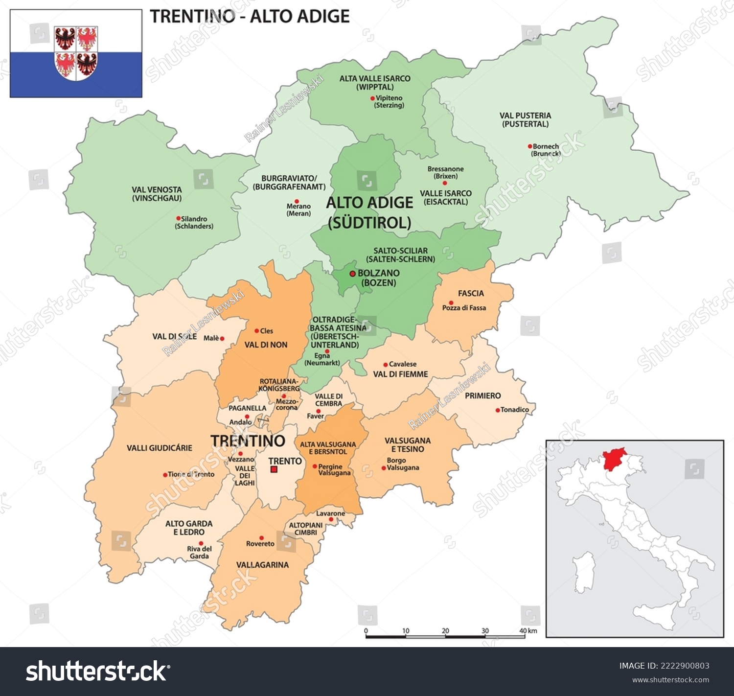 District Map Of Trentino Alto Adige With Flag Royalty Free Stock