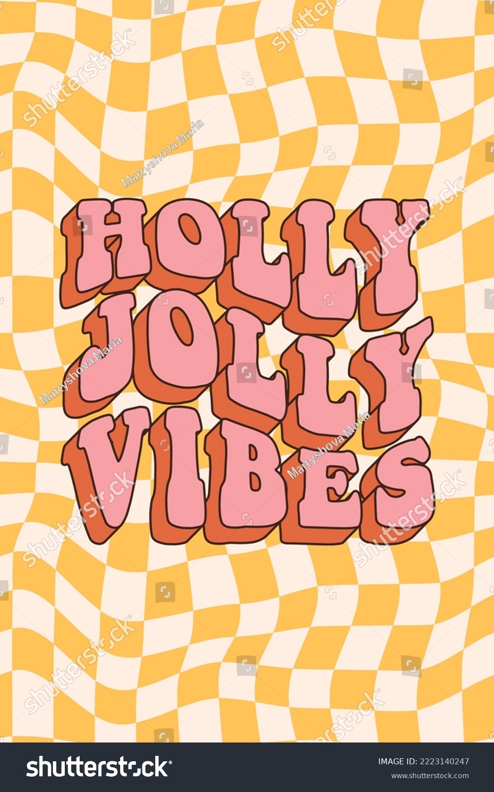 Groovy hippie Christmas. Holly jolly vibes, checkerboard in trendy retro cartoon style. Happy New year greeting card, poster, template, print, party invitation, background. #2223140247