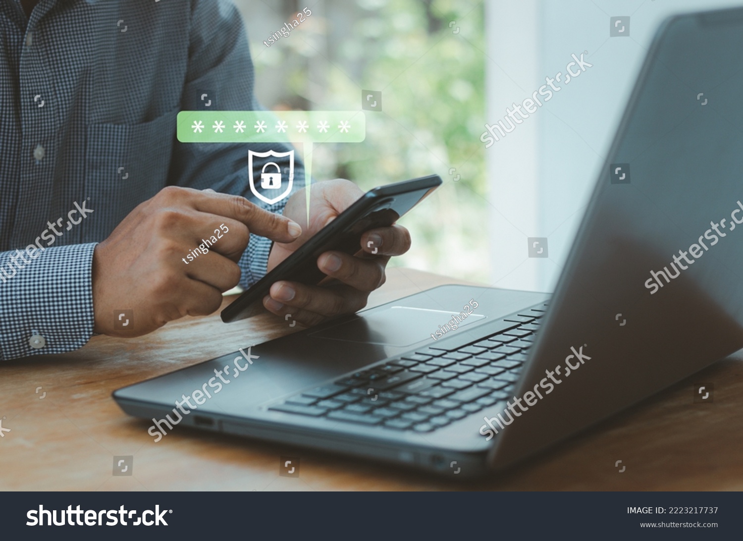 Two factor authentication concept. cyber security with biometrics authentication technology. Virtual safety shield icon while access on phone with laptop for validate password, Identity verification. #2223217737
