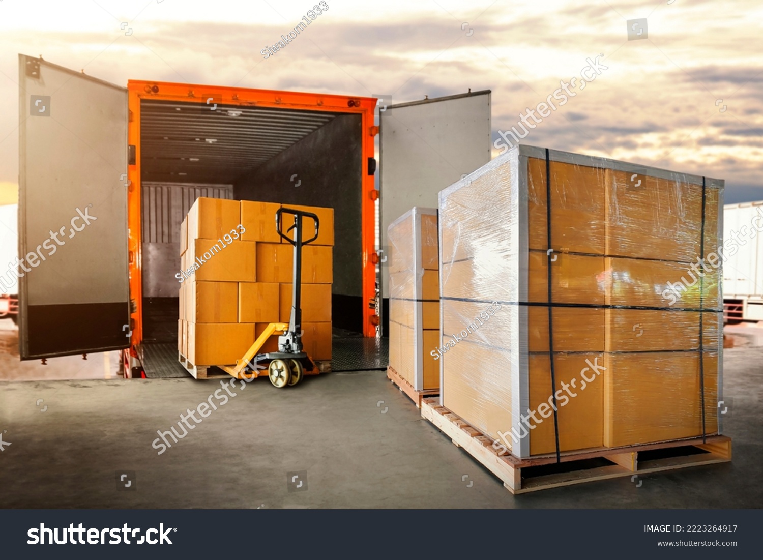 Packaging Boxes Stacked on Pallets Loading into Cargo Container. Delivery Shipping Trucks. Supply Chain Shipment Goods. Distribution Supplies Warehouse. Freight Truck Transport Logistics #2223264917