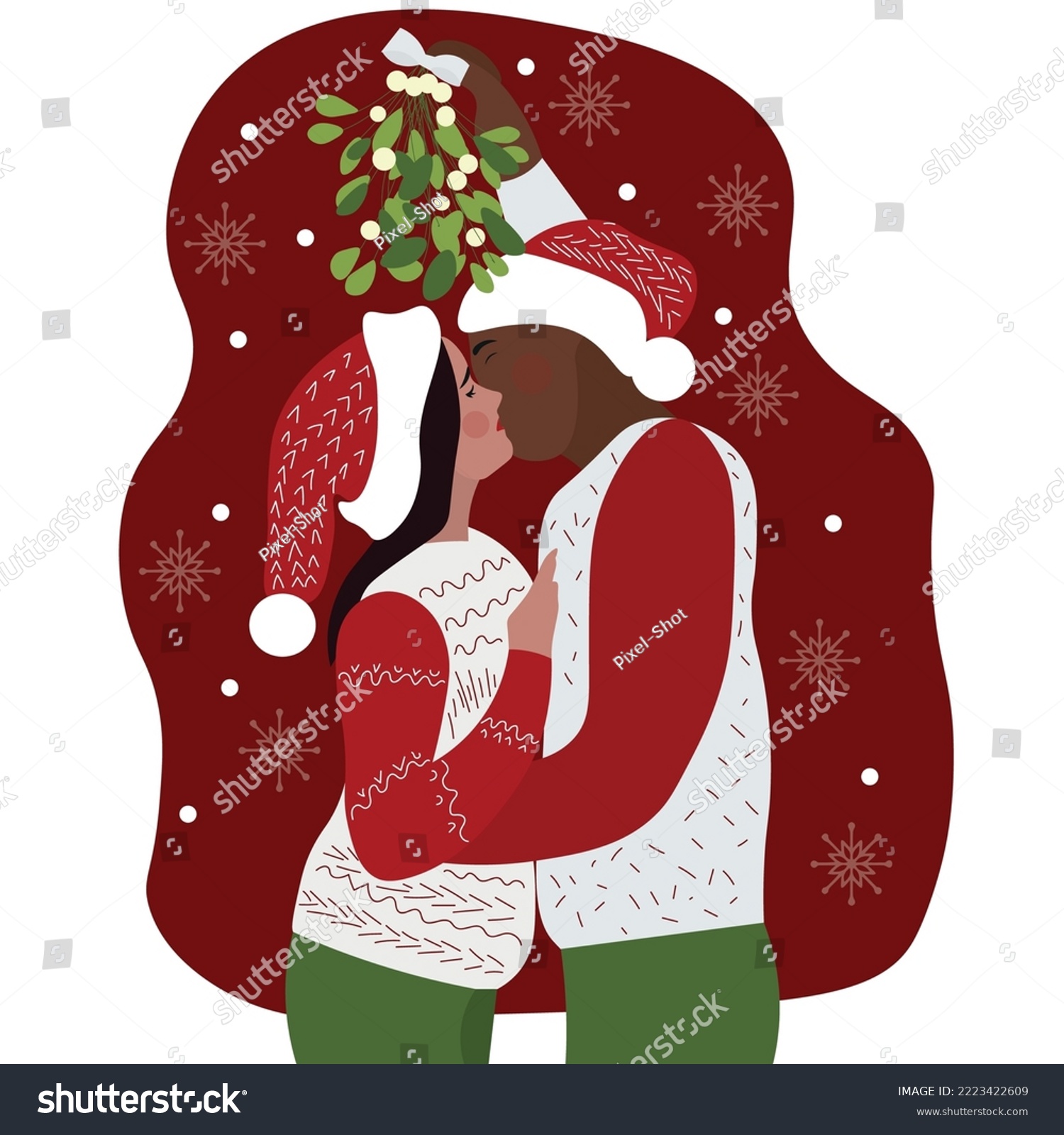 Couple Kissing Under Mistletoe Branch On White Royalty Free Stock