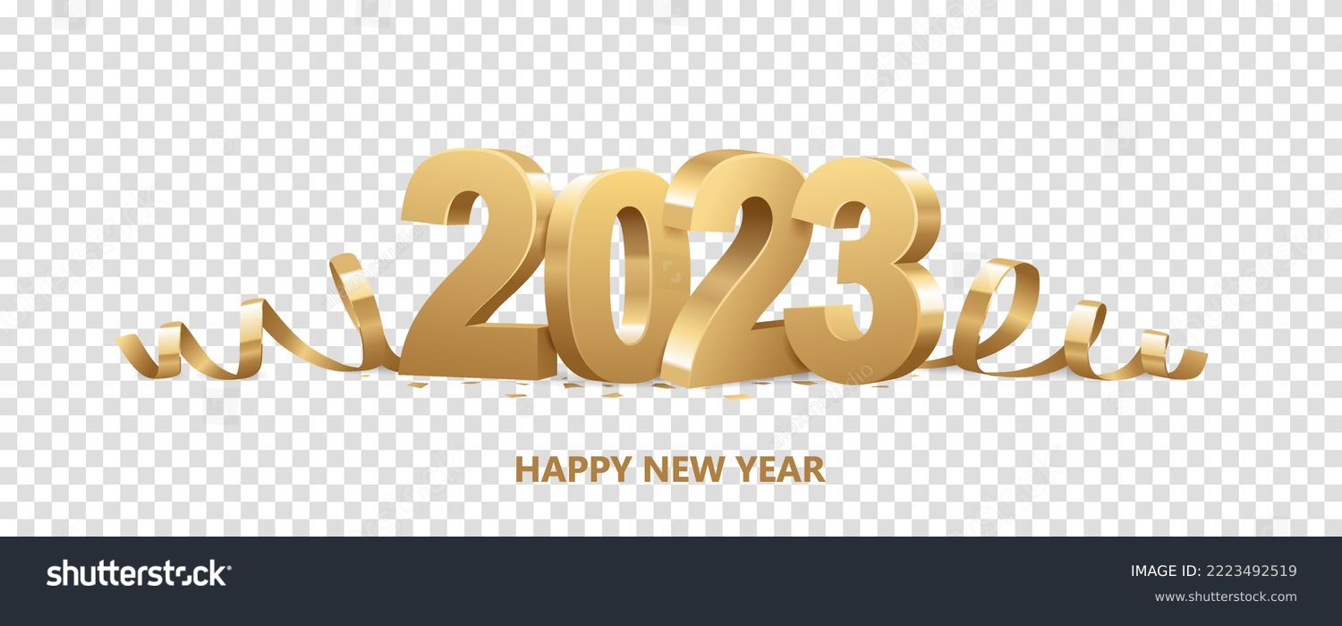 Happy New Year 2023. Golden 3D numbers with ribbons and confetti , isolated on transparent background.
 #2223492519