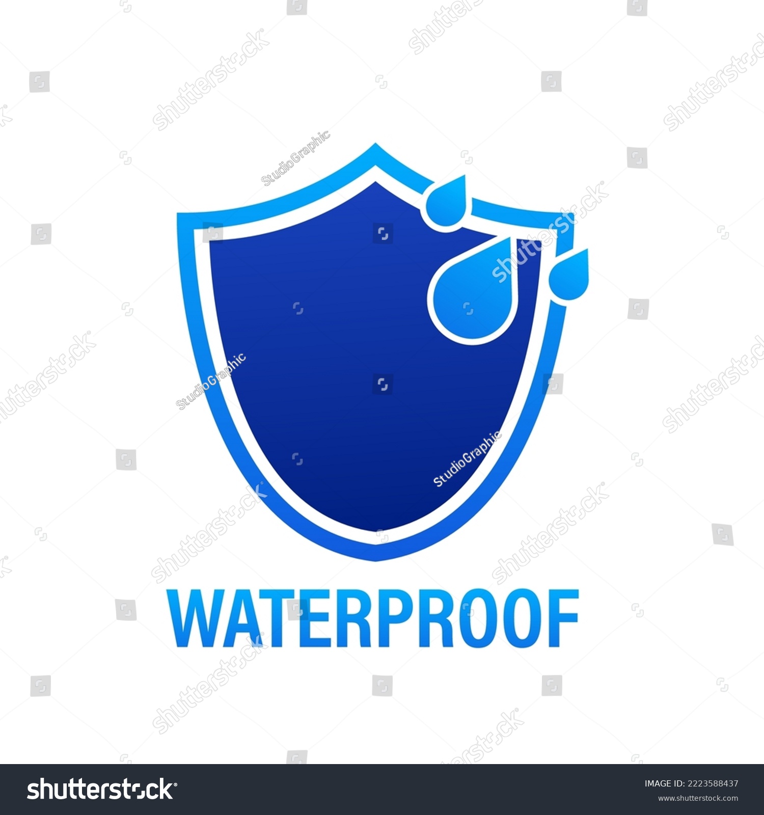 Waterproof symbol. Rainproof label sign. Water resistant drop icon in protective shield. Vector illustration #2223588437