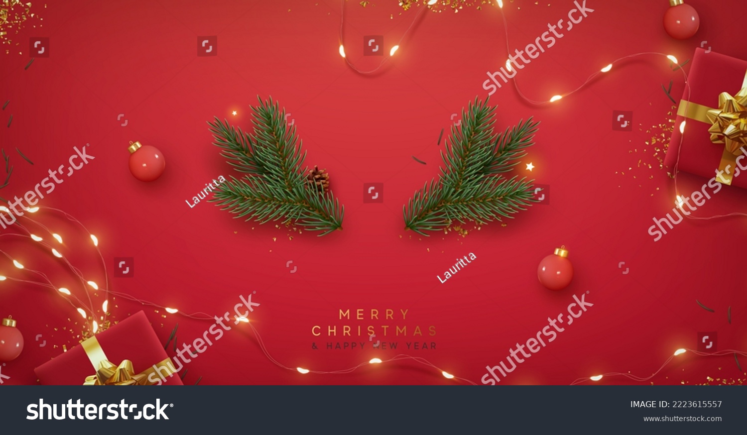 Christmas red background with realistic 3d decorative design elements. Festive Xmas composition flat top view of red gift boxes, glowing garland decorations, green tree branches. Vector illustration #2223615557
