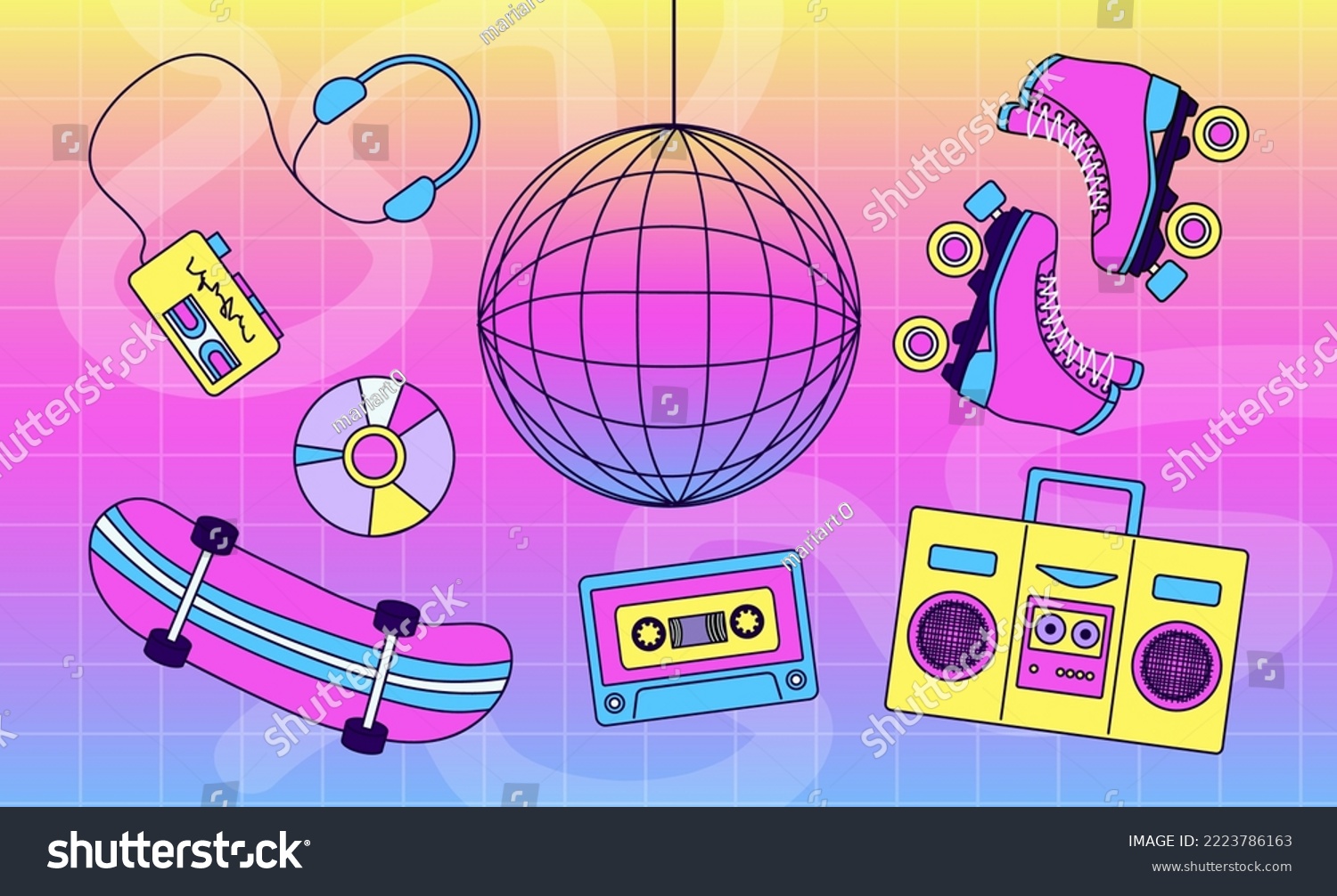 A colorful set of 90's and Y2k style fun items. - Royalty Free Stock ...