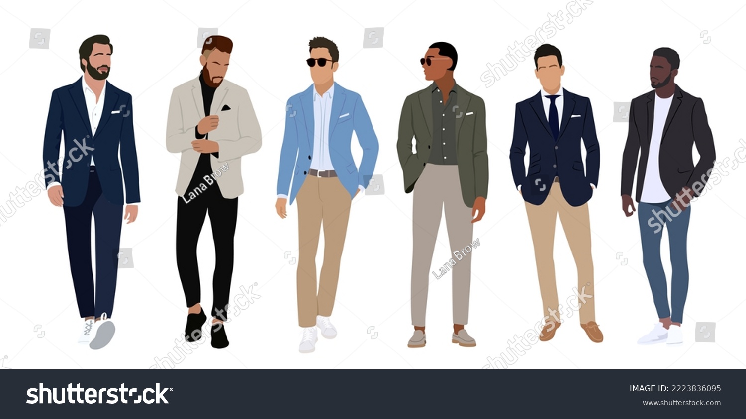 Set of elegant businessmen wearing smart casual outfit.  Collection of handsome male characters different races, body types. Vector flat realistic illustration isolated on white background. #2223836095