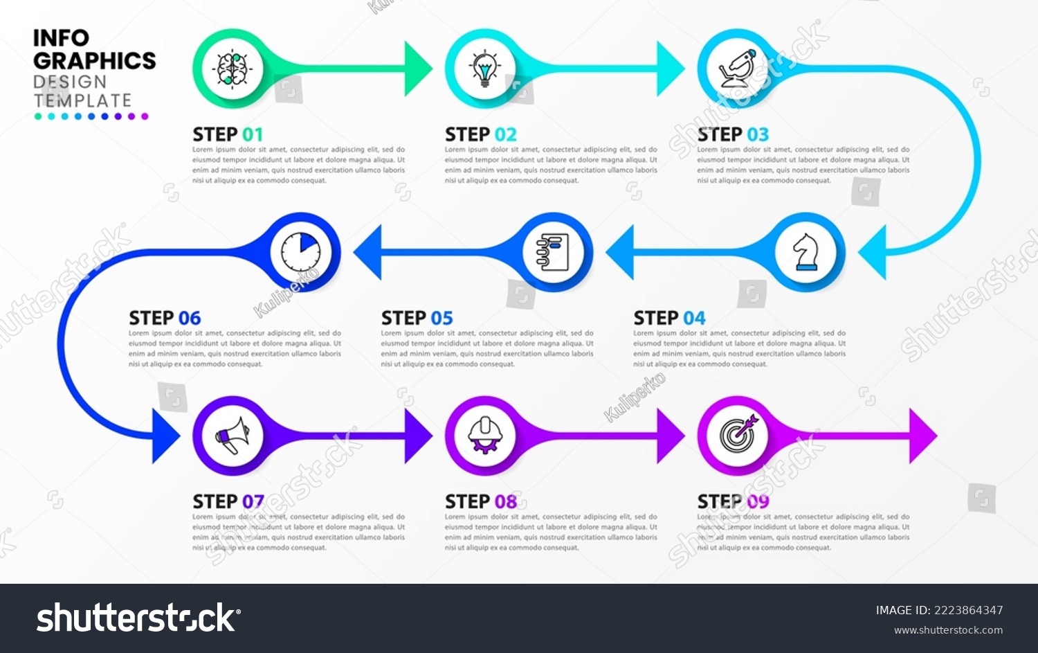 Infographic template with icons and 9 options or steps. Timeline. Can be used for workflow layout, diagram, banner, webdesign. Vector illustration #2223864347