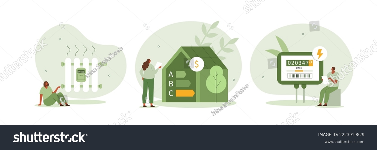 Sustainability illustration set. Characters monitoring private electricity and central heating meter and calculating household utility bill. Home energy efficiency audit concept. Vector illustration. #2223919829