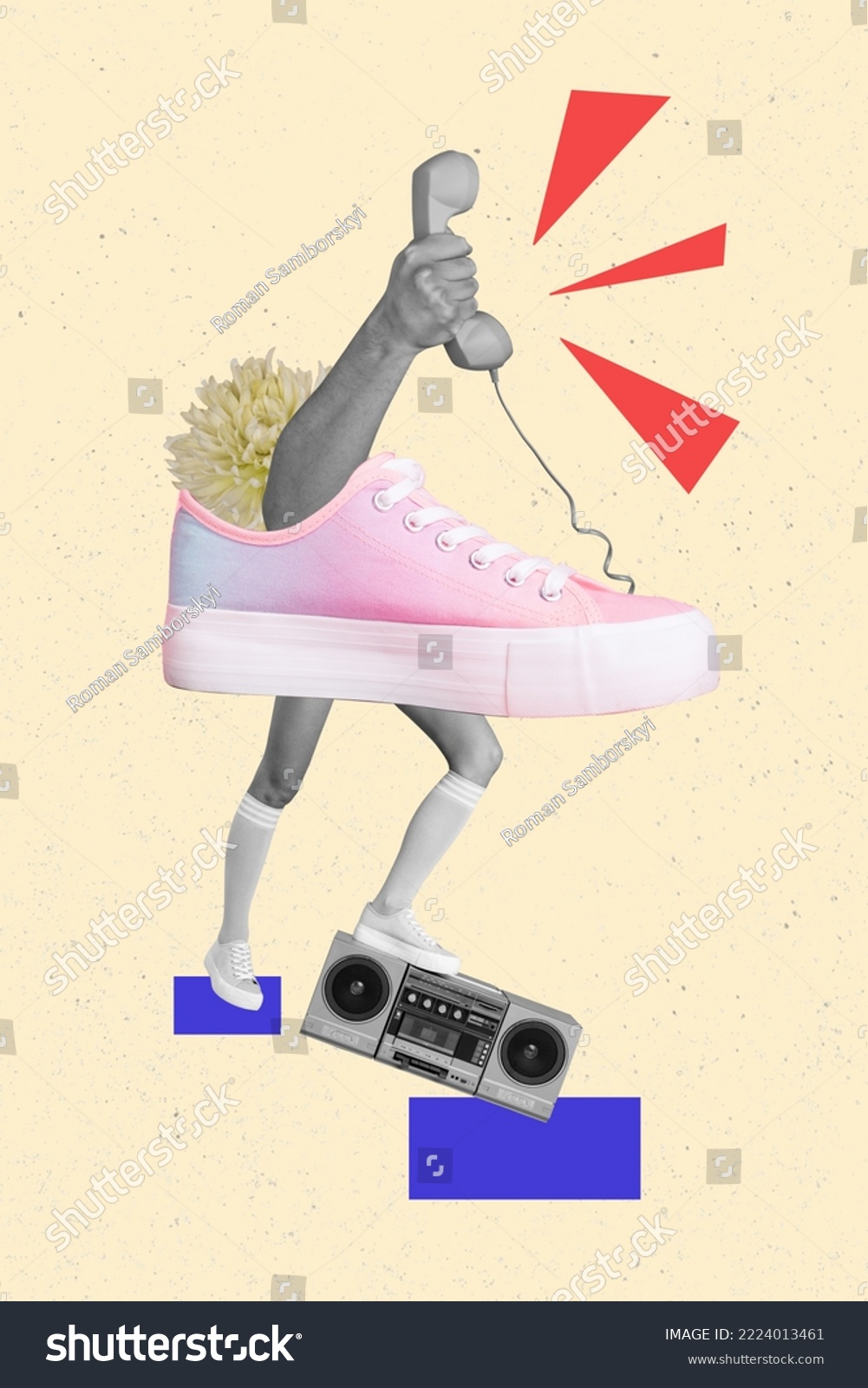 Creative photo 3d collage artwork poster postcard of human hand inside shoes hold telephone phone device isolated on painting background #2224013461