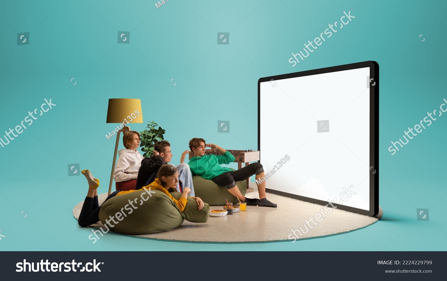 Astonished young people, emotional friends watching football match, sport show. Youth sitting on sofa in front of huge 3D model of tv screen. Concept of sport, leisure activities, betting, ad #2224229799