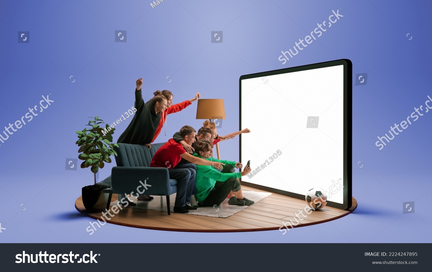 Goal. Group of young emotional friends watching football match, sport show or movie together. Excited girls and boys sitting in front of huge 3D model of device screen at home interior #2224247895