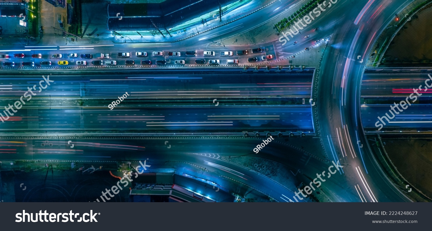 Expressway top view, Road traffic an important infrastructure, car traffic transportation above intersection road in city night, aerial view cityscape of advanced innovation, financial technology	
 #2224248627