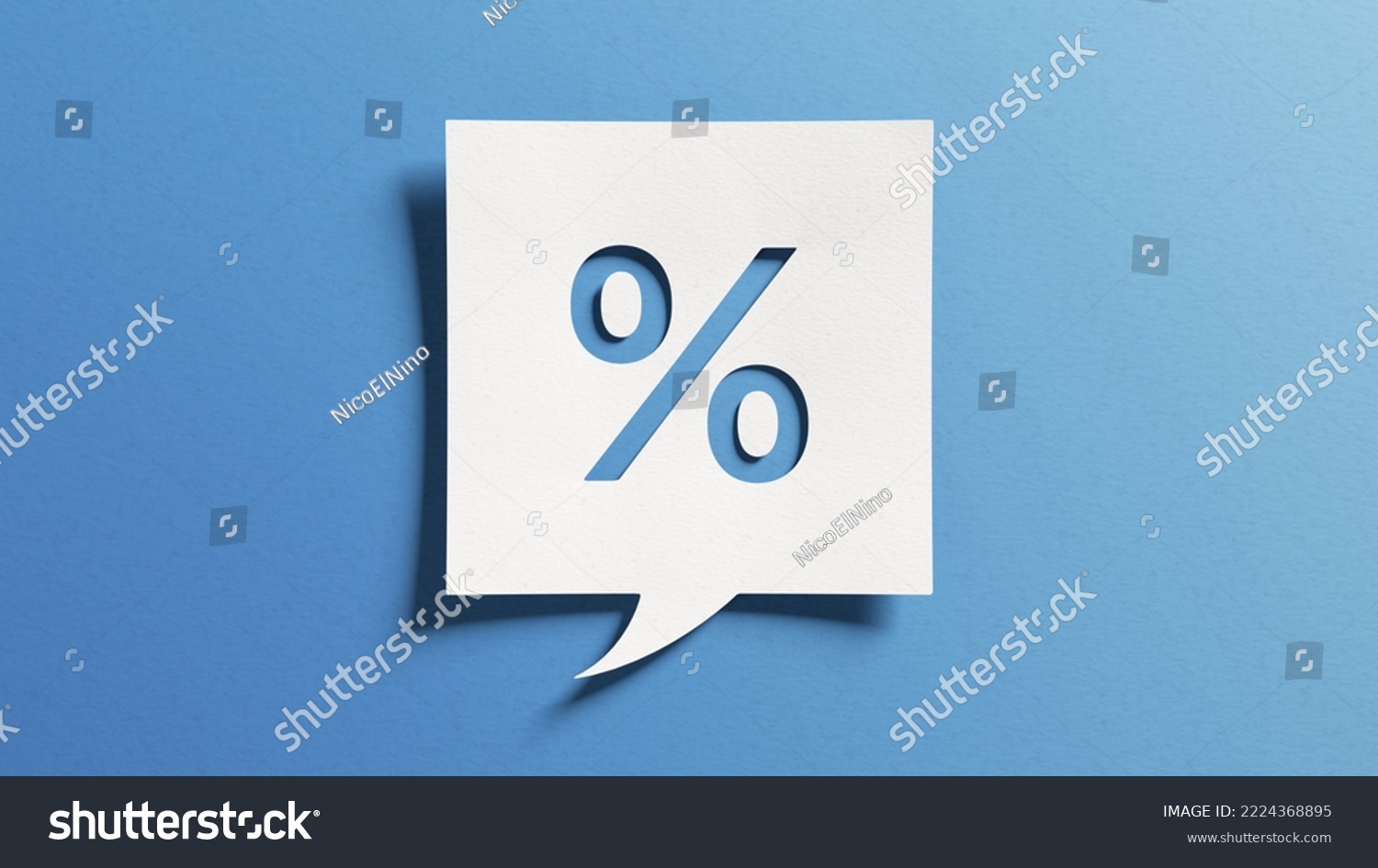 Percent sign for finance, return on investment (ROI), credit, mortgage, banking, tax, marketing, discount or promotion concepts. Percentage symbol. White cutout paper on blue background. #2224368895