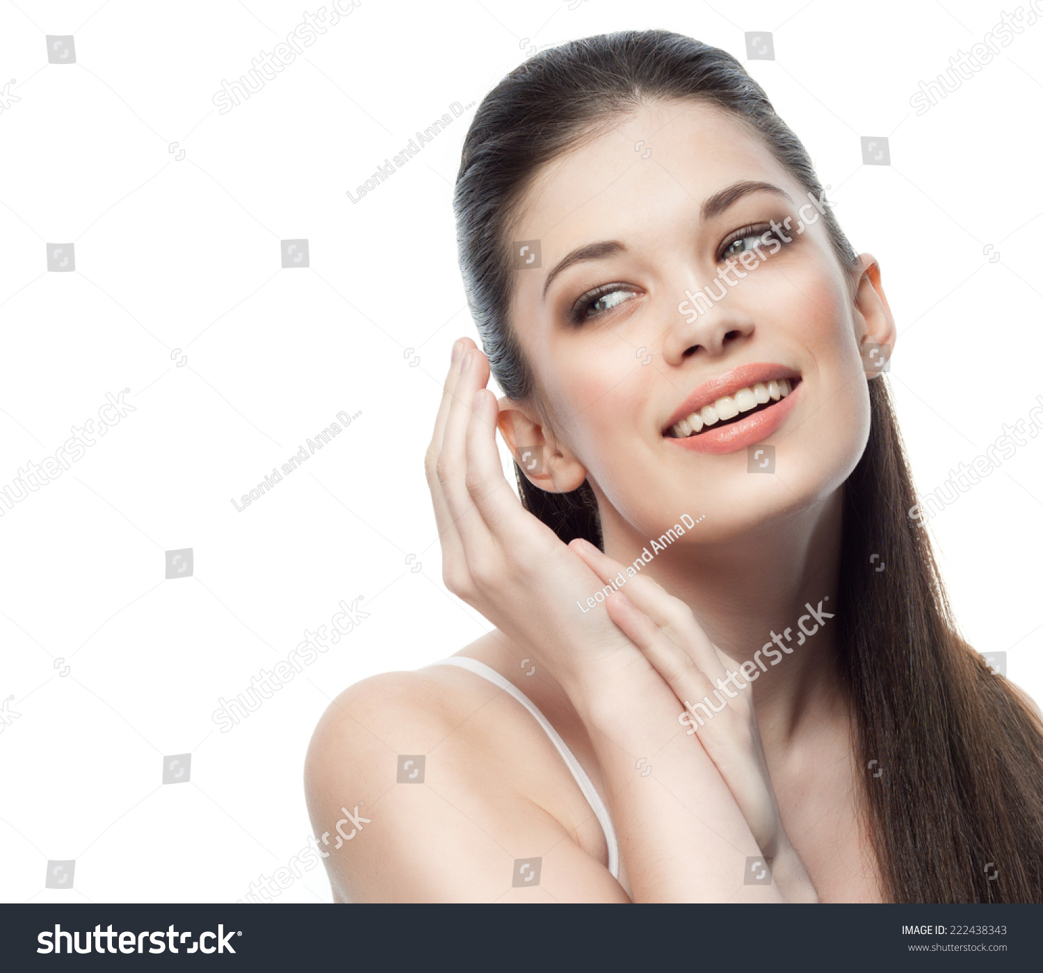 closeup portrait of attractive  caucasian smiling woman brunette isolated on white studio shot lips toothy smile face hair head and shoulders  tooth #222438343