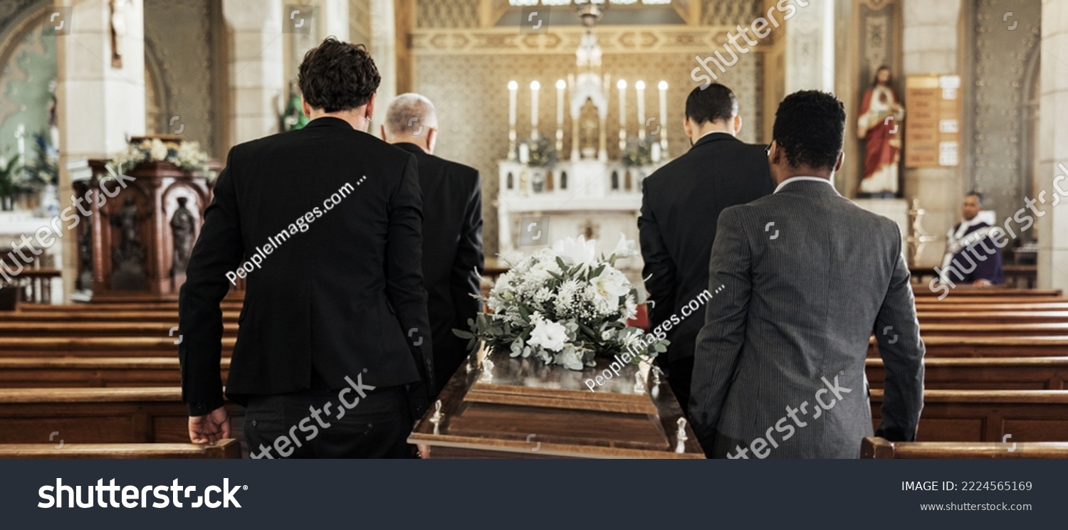 Funeral, church and group carry coffin in service, death or sermon for burial with support. Friends, family or pallbearers with casket for respect, help or sorrow in mourning, worship or god religion #2224565169