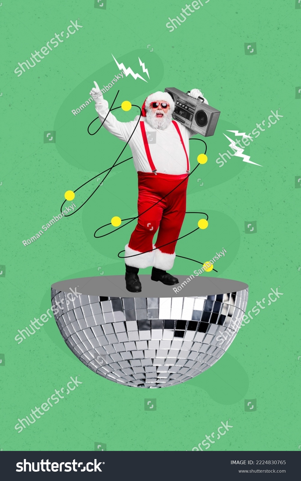 Vertical collage image of funny crazy aged santa claus stand half huge disco ball carry boombox dance clubbing isolated on painted background #2224830765