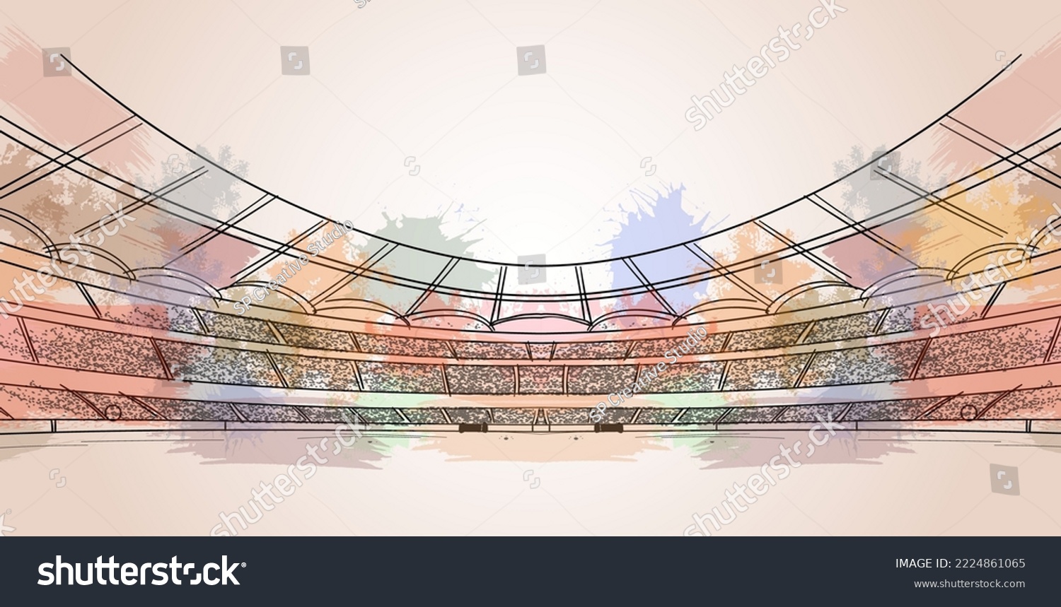 Watercolor line drawing Sketch Stadium Vector. Football stadium line drawing illustration. Soccer playground colorful vector background. #2224861065