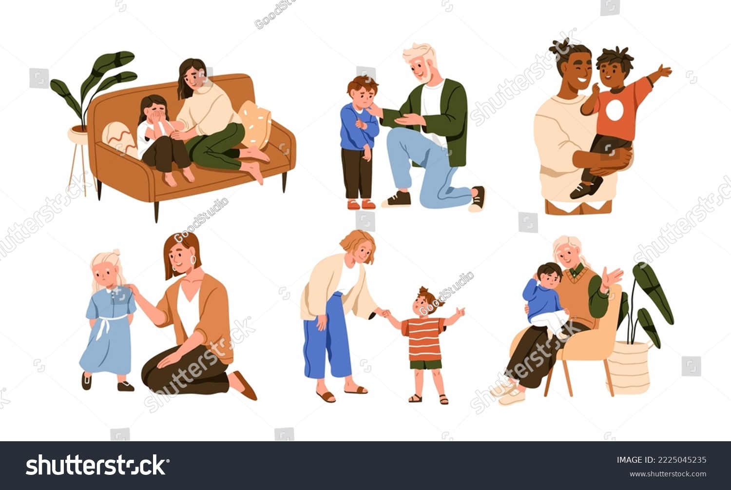 Parent-child relationship, communication concept. Fathers, mothers supporting, talking to children. Moms, dads interaction with kids. Flat graphic vector illustrations isolated on white background #2225045235