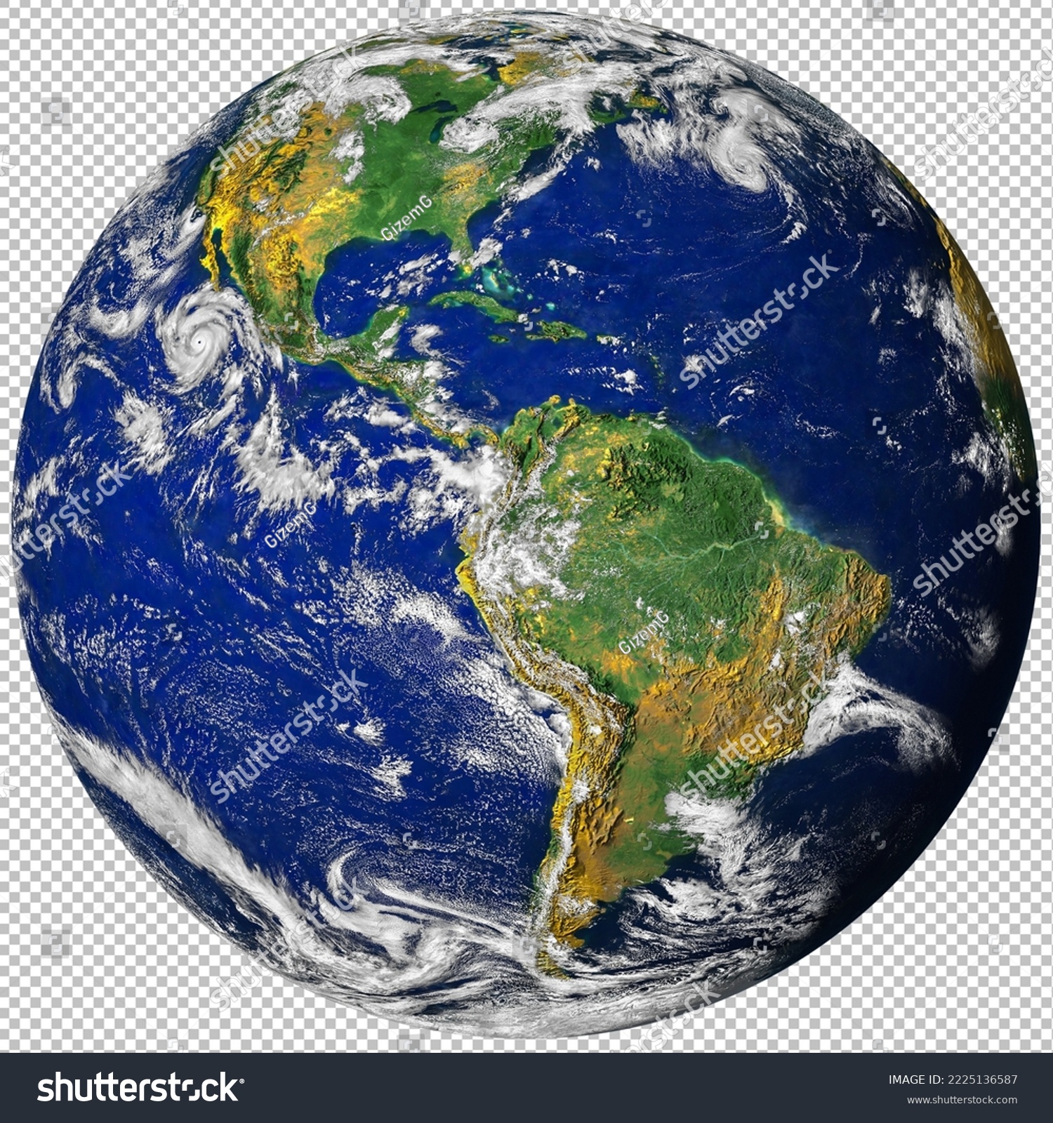 Planet earth globe from space isolated png image, north and south America physical map on a transparent background. Satellite photo. Elements of this image furnished by NASA.  #2225136587