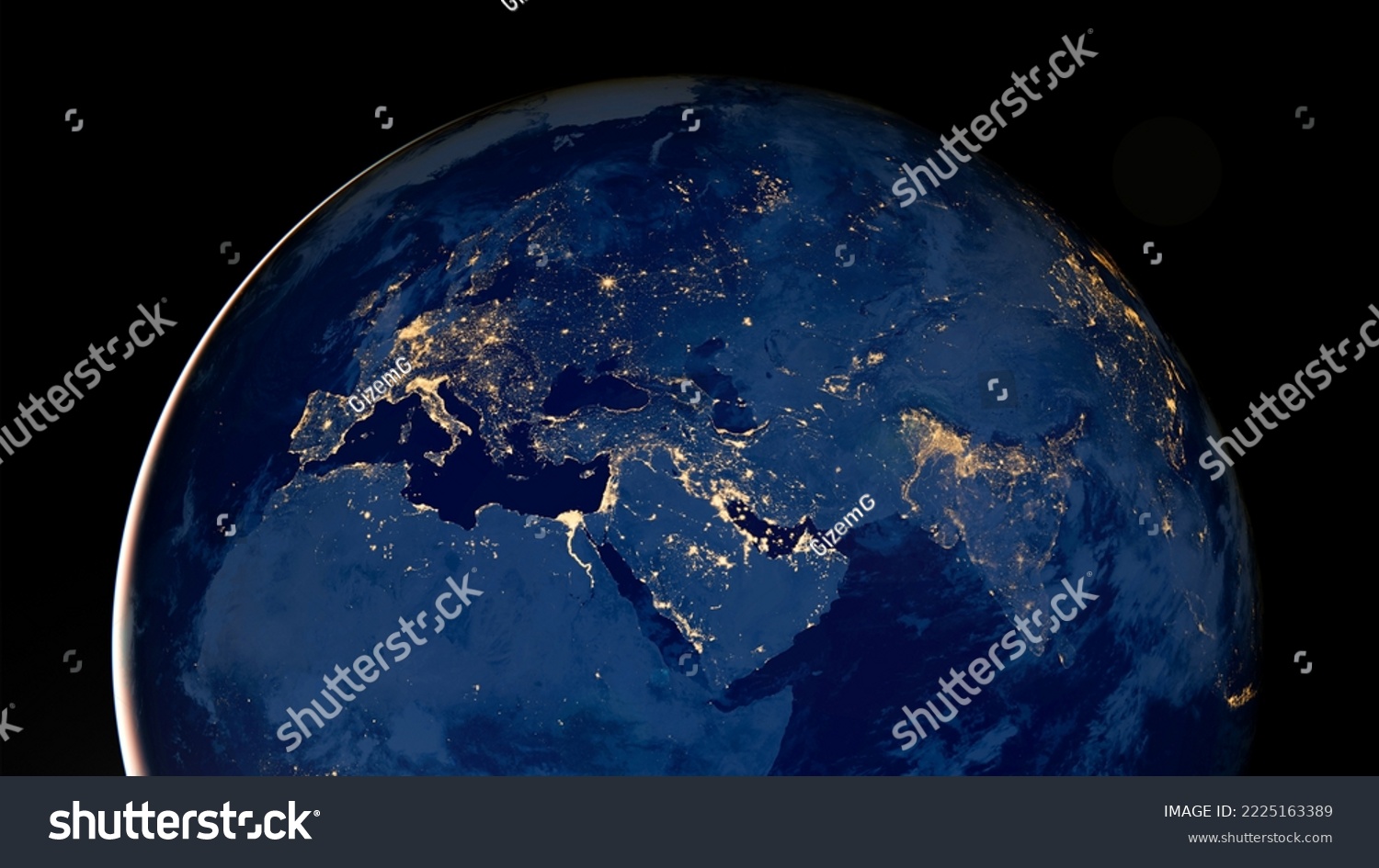 Planet earth photo at night on black background, City Lights of Africa, Europe, and the Middle East from space, World map at night, HD satellite image. Elements of this image furnished by NASA. #2225163389