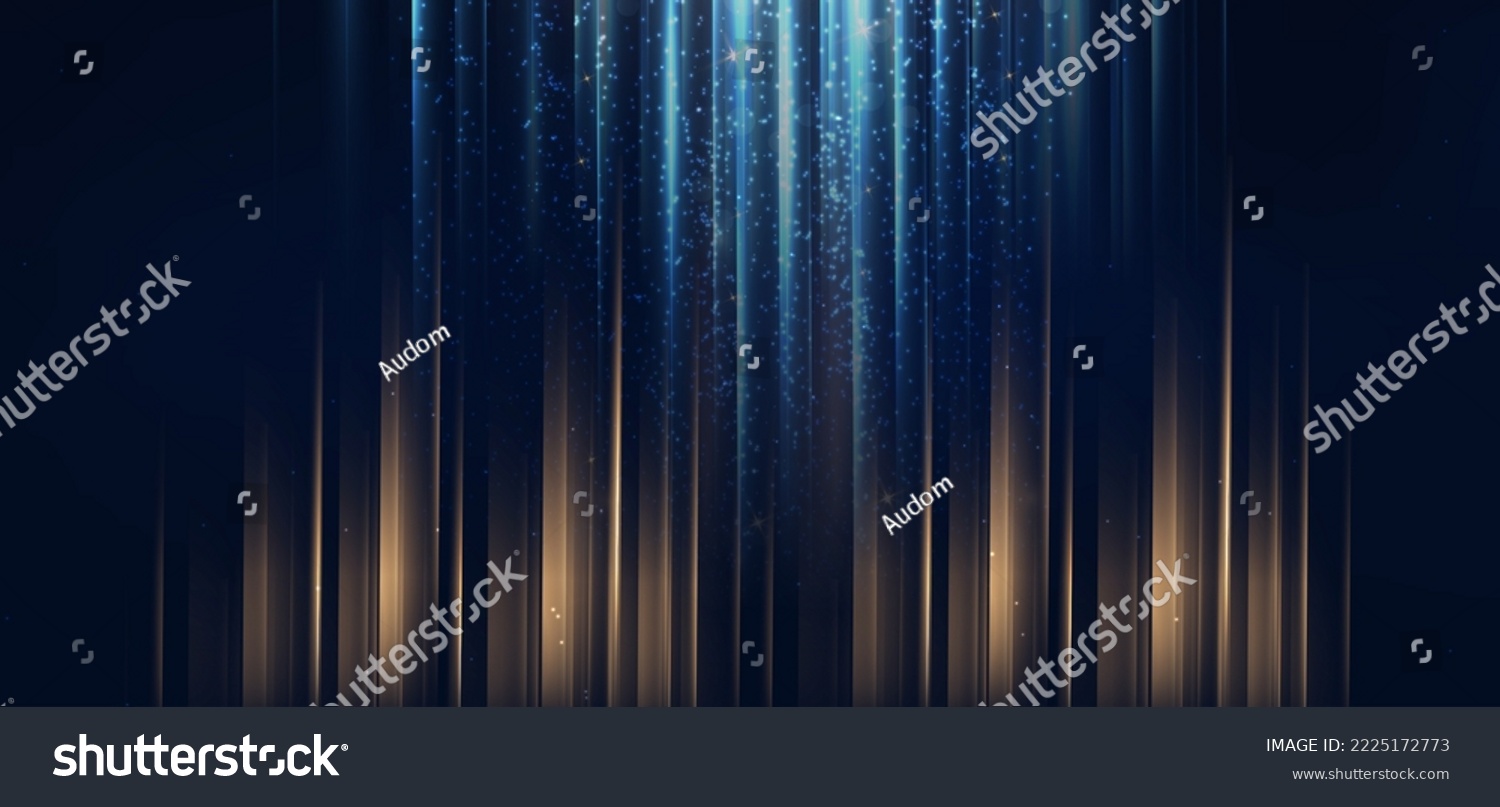 Luxury light blue and gold stripe vertical lines light on dark blue background with gold lighting effect sparkle. Vector illustration #2225172773