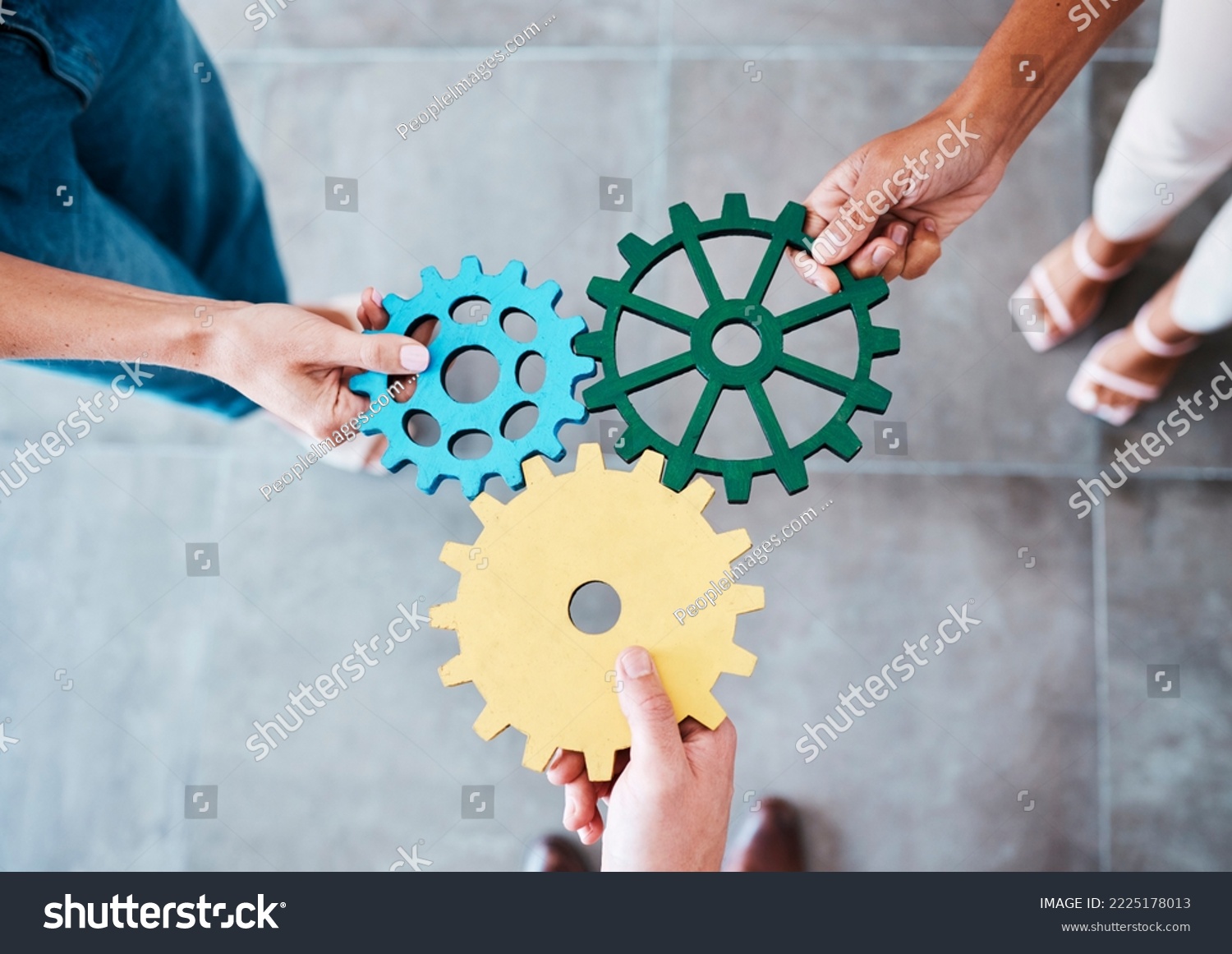 Settings, gear icon and teamwork with business people or team together for collaboration and synergy with cog wheel strategy. Office group hands for problem solving, innovation and development #2225178013
