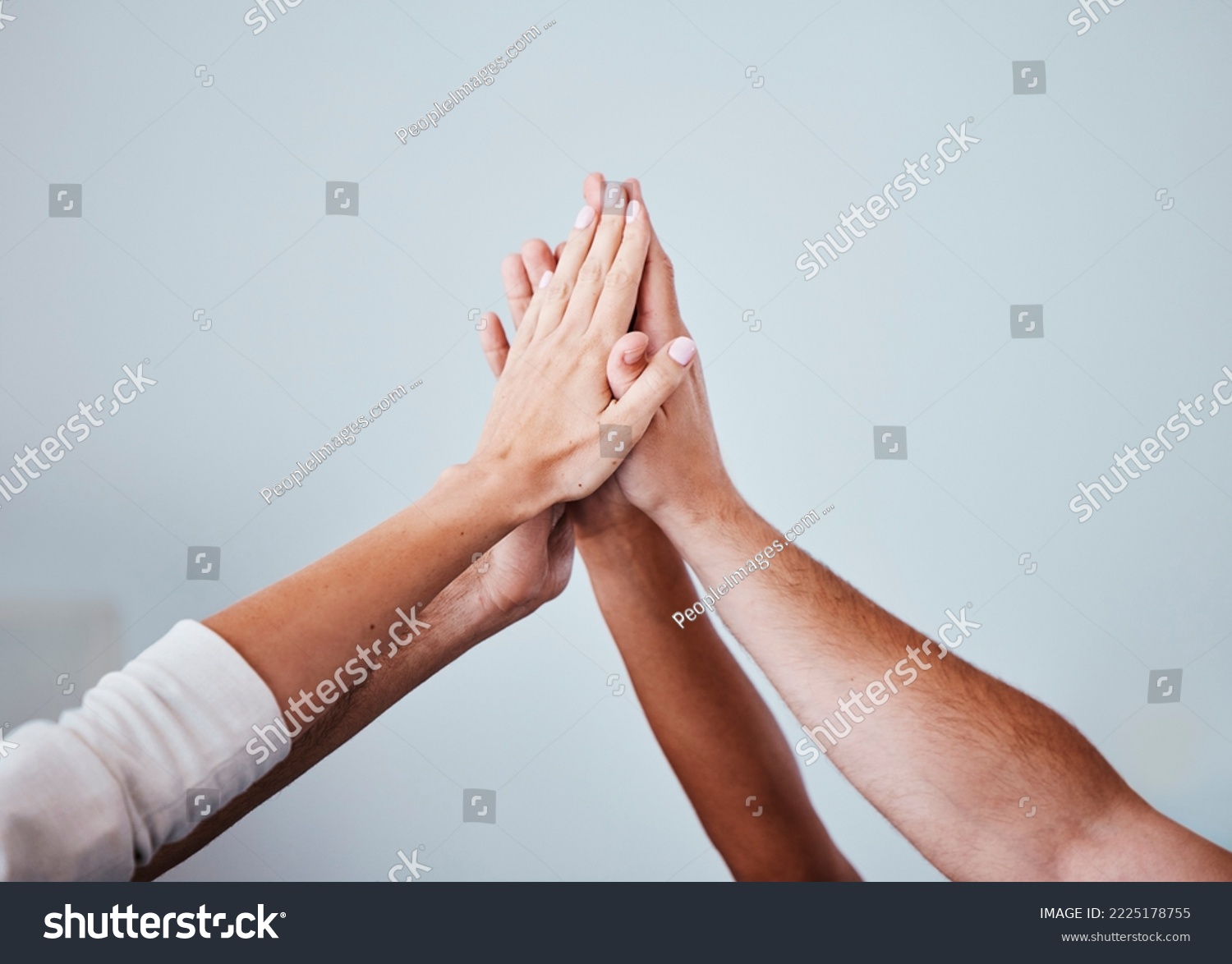 High five, team and hands of people in celebration for teamwork achievement, team building meeting or collaboration. Group solidarity, support and community friends celebrate charity mission success #2225178755